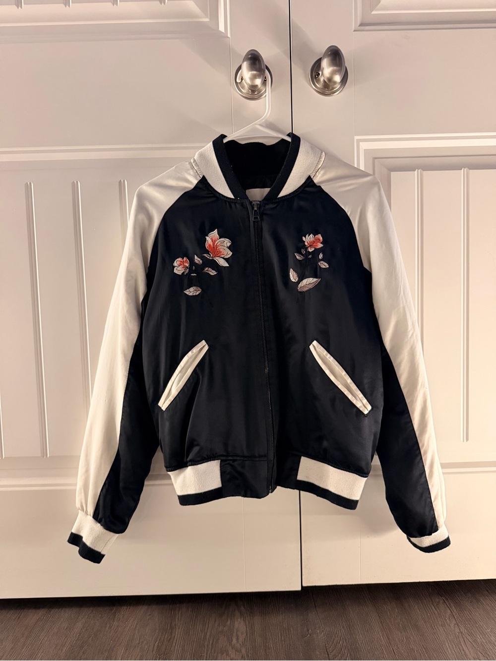 silence + noise Black Bomber Jacket with White Sleeves and Floral Embroidery